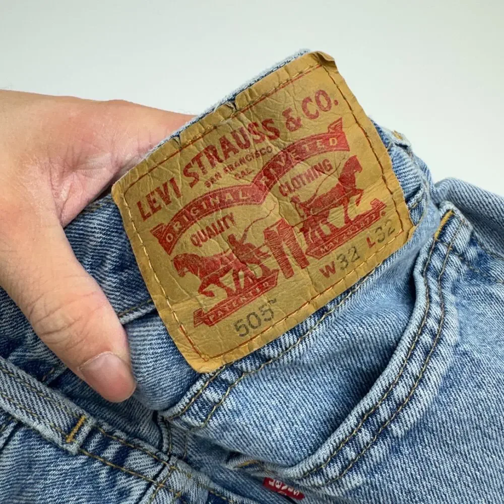 Levis Mens 505 Light Stone Wash Blue Jeans Distressed Western Grunge 32 x 32